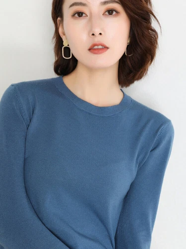 Maglione donna misto lana pullover lavorato a maglia pullover girocollo slim tinta unita - Foto 4 di 48