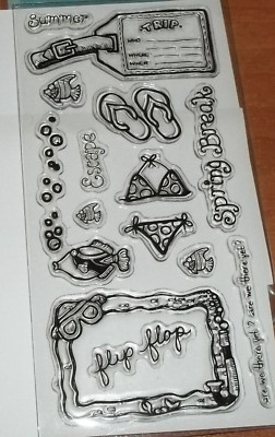 CLEAR ACRYLIC FISKARS STAMPS FLIP FLOPS ~Bikini, Luggage Tag, Fish wks CTMH blks