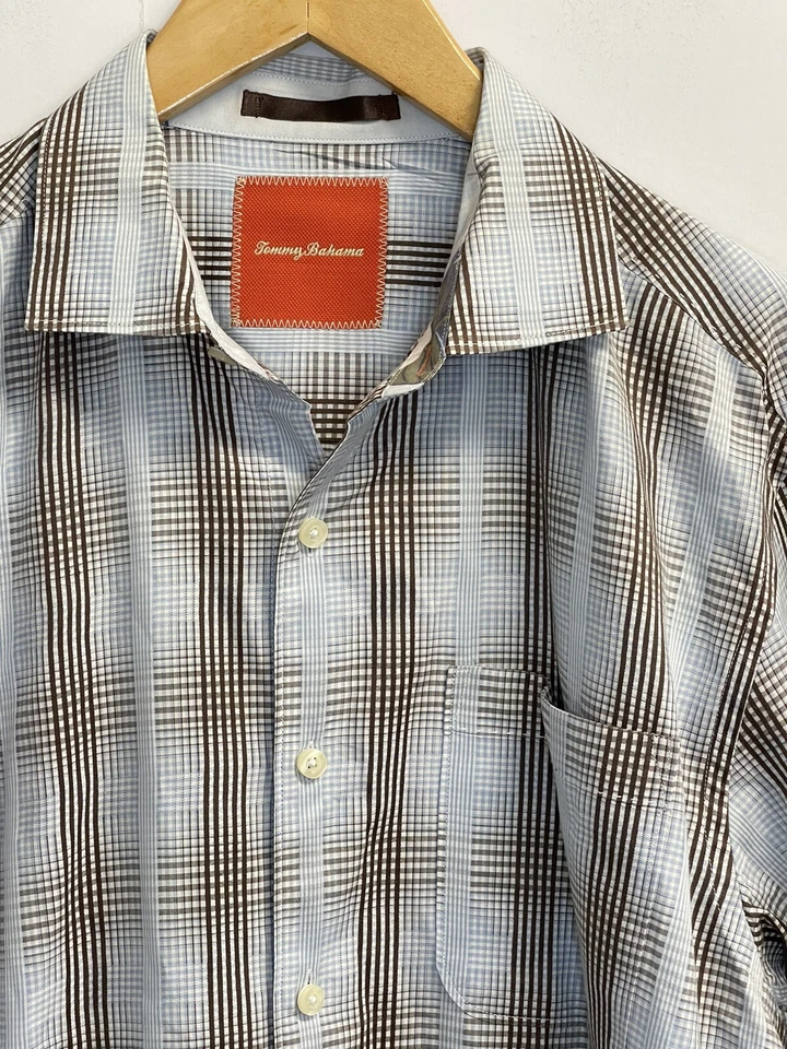 Tommy Bahama Men’s M Plaid Shirt Flip Cuff Long Sleeve Cotton Blue Brown - Image 3 of 4