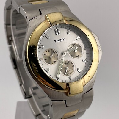 Timex Mens Watch Day Date 38mm Two Tone Case Band Vintage Rare Quartz Analog