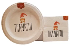 Rae Dunn “Thankful” Gnome Paper 10.5" Luncheon Plates (16) & Napkin Set (40)