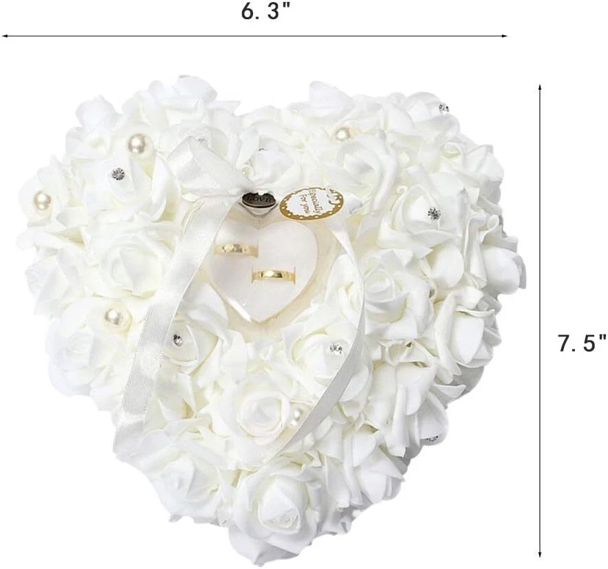 Anel branco travesseiro renda cristal rosa decoração de casamento coração anel caixa suporte anel - Imagem 2 de 4