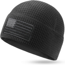 Grid Fleece Beanie with American Flag Embroidery Waffle Skull