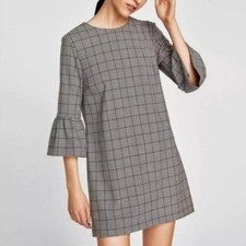 Zara Plaid Mini Dress Bell Ruffle Sleeves Small S