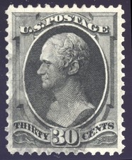 US 154 30c 1870 Alexander Hamilton hard paper PSAG grade 85 used