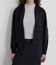 DKNY Women's Black Sleeve-Pocket Logo Long-Sleeve Full-Zip Hoodie Sweater Size L