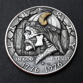 hobo nickel "Viking Requiem" Skull of the North hand carved half dollar coin