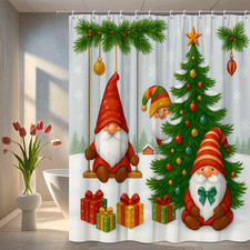 Christmas Shower Curtain with Cute Gnomes and Tree Design