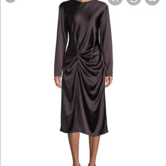 Helmut Lang Ruched Crinkle  Brown Satin Long Sleeve Midi Dress 10-12 - Image 4 of 4