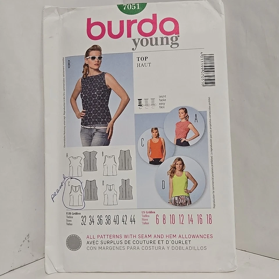 Burda Young 7051 Pattern Top Women's Size 6-18 Uncut - Image 1 of 4