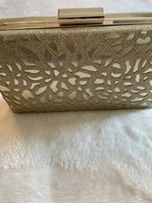 Gold Glitter Hardcase Evening Clutch Purse w/ Chain Shoulder Strap, Lined