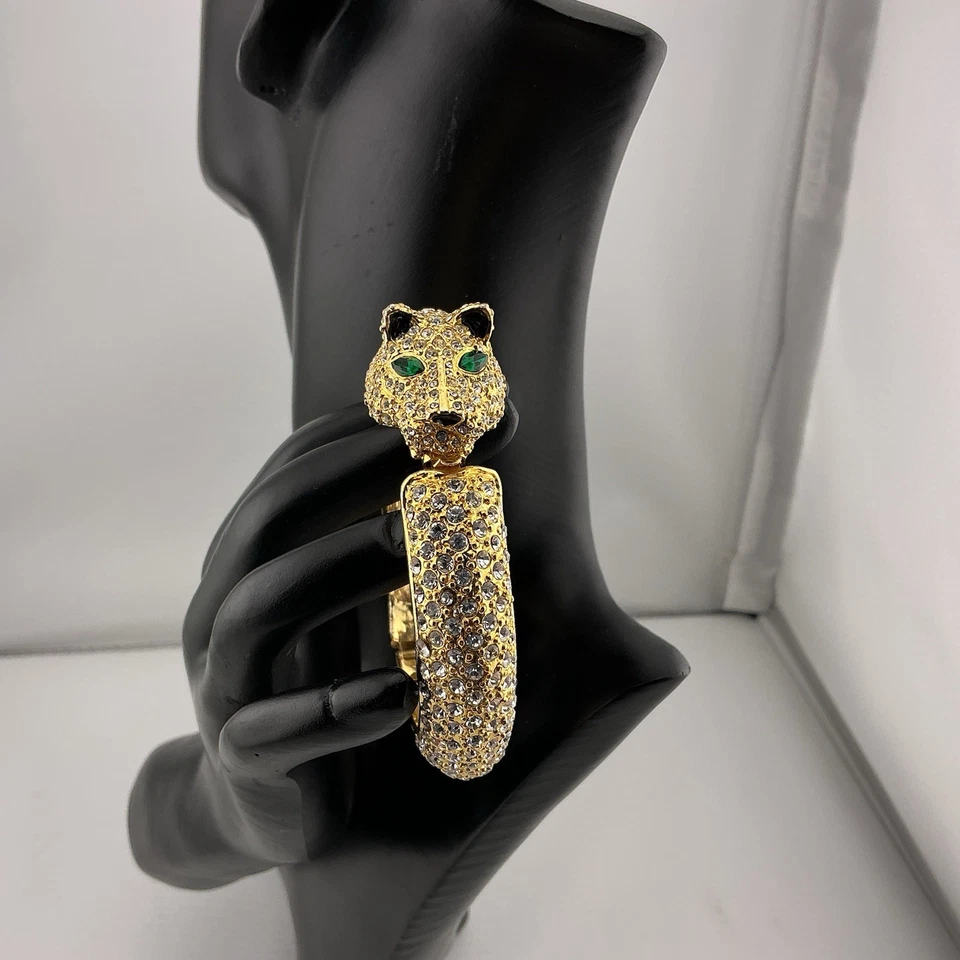 Brazalete Brazalete Bisagras DoradoT Estrás Incrustado Belleza Talla 7 Leopardo Ojos Verdes Foto 2 de 4