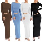 Women s 2 Piece Outfits Summer Long Sleeve Crop Top and Maxi Bodycon Skirt Set