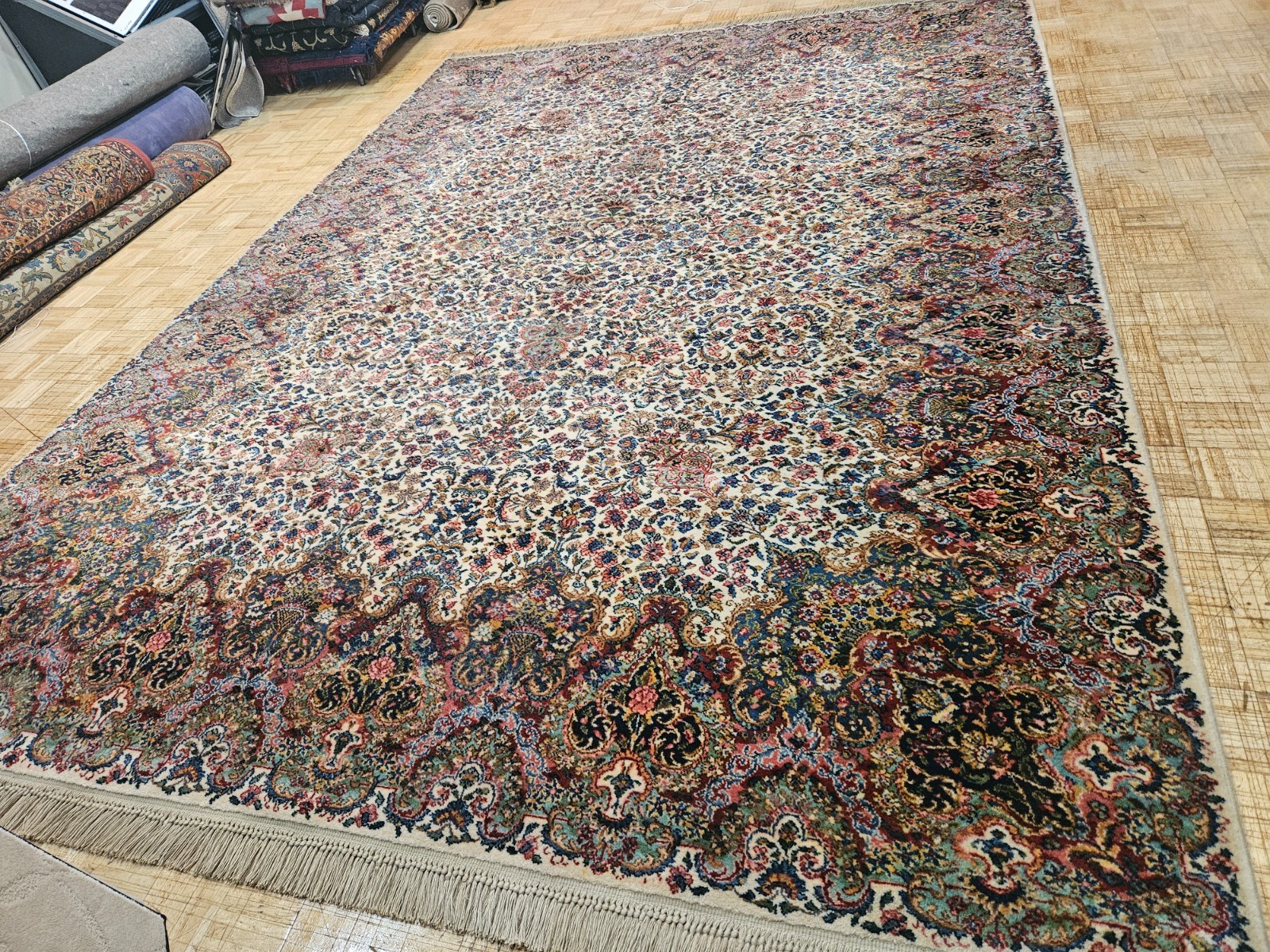 10x14 KARASTAN 742 IVORY FLORAL KIRMAN - 100% WOOL RUG EXCELLENT CONDITION!