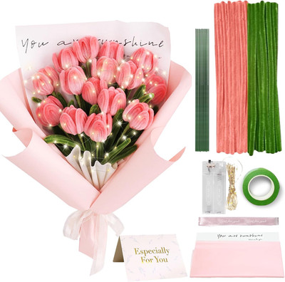 220Pcs Pipe Cleaners Craft with String Light, DIY Flower Bouquet Kit Chenille St