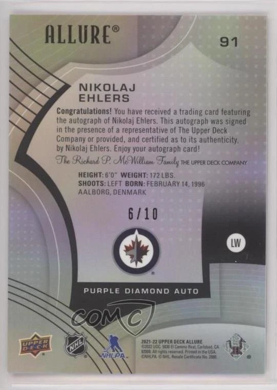 2021-22 Upper Deck Allure Purple Diamond Auto /10 Nikolaj Ehlers #91 Auto - Image 2 of 2