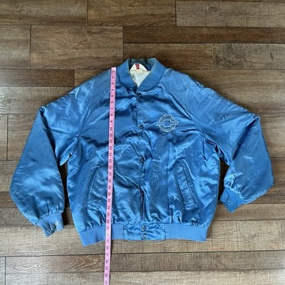 80s VTG WestArk Chevrolet Bomber Jacket Blue Size L Satin Genuine USA #241104