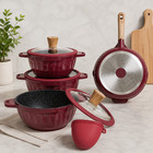 11Pc Burgundy Non-Stick Cookware Set Induction Compatible Pots Pans & Glass Lids