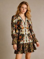 NWOT Farm Rio Floral Swans V-Neck Long Sleeves Mini Dress Size S