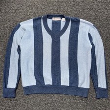Vintage John Ashford Blue Striped Casual Golf Cotton Knit Pullover Sweater Sz L