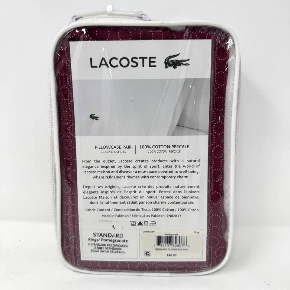 Lacoste 100 % algodón percal estándar funda de almohada par anillos granada Foto 2 de 4