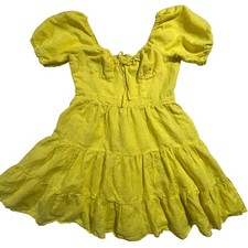Chelsea & Violet Yellow Milkmaid Tiered Mini Dress Linen Blend Puff Sleeve M