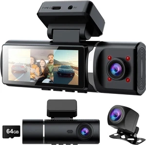 feifeaouy 3 Channel 4K Dash Cam Front and Rear and Inside – WiFi 3.2” IPS Das...