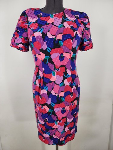 Vintage 80s Vibrant Print Silk Dress Short Sleeve Colorful Hot Pink Red Size 10P - Picture 2 of 7