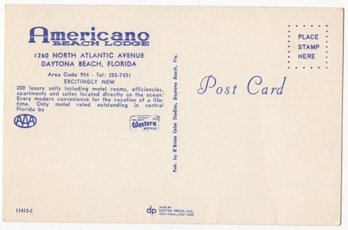 TARJETA POSTAL VINTAGE DAYTONA BEACH FL AMERICANO BEACH LODGE MOTEL Y PISCINA 082821 - Imagen 2 de 2