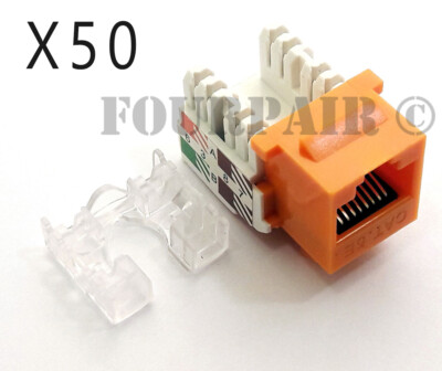 50 Pack Lot - CAT5e RJ45 110 Punch Down Keystone Modular Snap-In Jacks - Orange