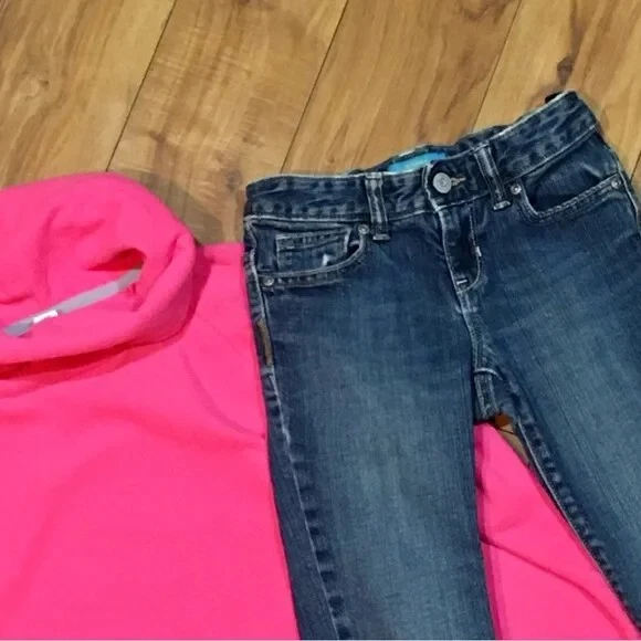 Rosa Sudadera y Bailarina Flaca Denim Jeans 7 8 Invierno Conjunto Escuela Foto 3 de 4