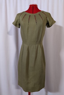 Vintage 50s Atomic Green Geometric Moygashel Linen Dress Carlye Cut out MCM  USA
