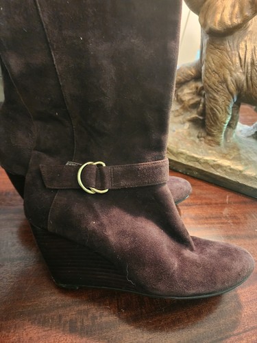 Cole Haan Air Lainey Wedge Boots Womens 7.5 Brown Suede Tall Buckle Knee High - Picture 14 of 14