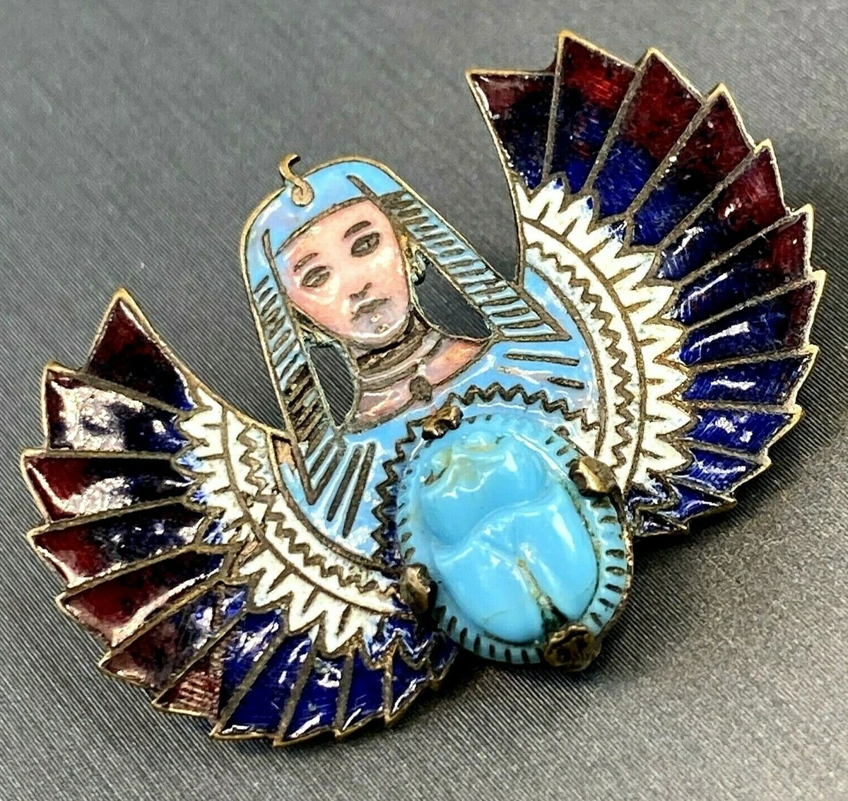 Egyptian Turquoise Scarab Winged Pharaoh Antique Cloisonne Blue
