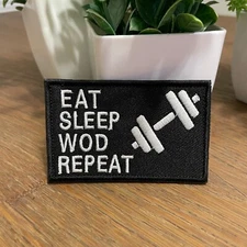 Eat Sleep WOD Repeat Workout Fitness Inspired Hook and Loop Patch Bags Vests Etc