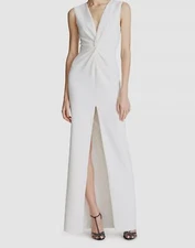 $445 Halston Women's White V-Neck Melanie Stretch Crepe Gown Dress Size 8