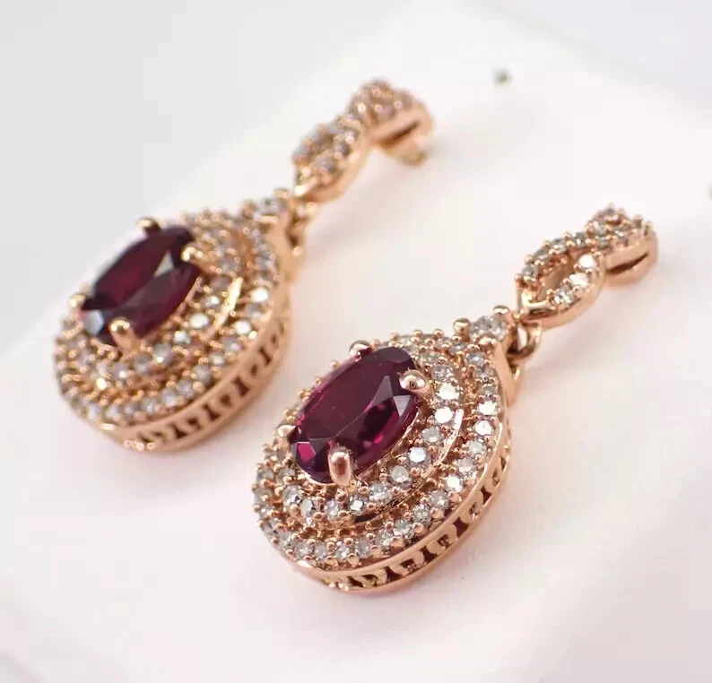 3Ct Oval Cut Lab-Created Garnet Halo Drop Dangle Earrings 14K Rose Gold Plated - Image 3 of 4