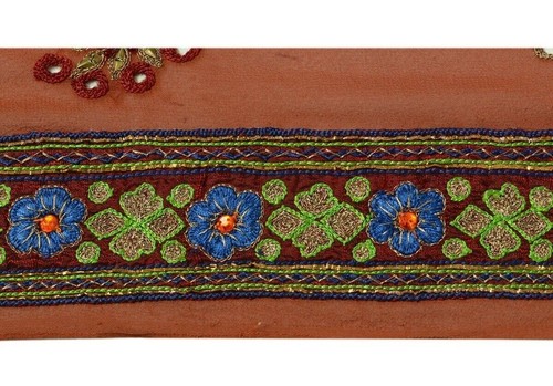 Vintage Sari Border Indian Craft Trim Embroidered Beaded Ribbon Lace Maroon Rust - Picture 4 of 6