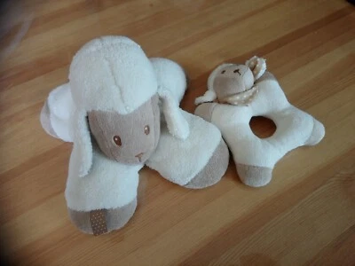 Peluches doudou mouton blanc cassé marron beige pois Cappuccino + hochet Nattou - Photo 1/2