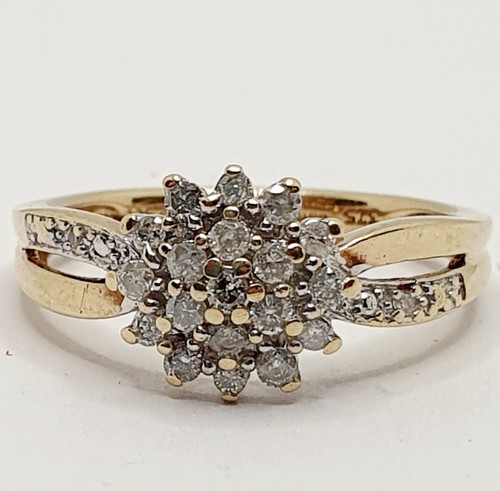 9ct Diamond Cluster Dome Split Shoulder Ring 9ct Yellow Gold Size L 1/2 Hallmark - Picture 12 of 22