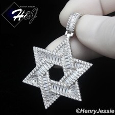 MEN SOLID 925 STERLING SILVER ICY BAGUETTE CZ JEWISH STAR OF DAVID PENDANT SP471