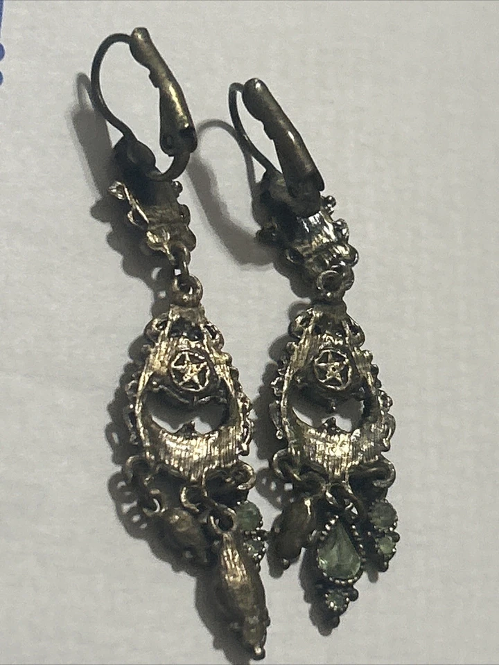 Vintg 30s Earrings Chandelier Signed w/StarSpain Pearls Opalescent Peridot Green - Image 4 of 4