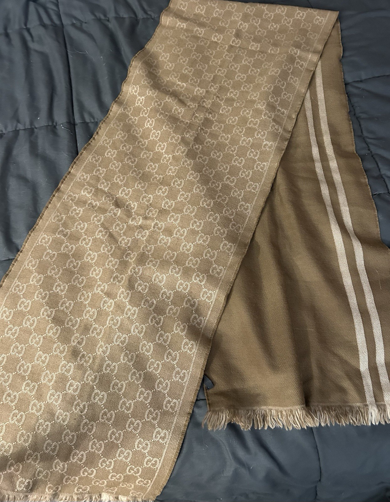 Gucci GG Monogram Jacquard Frayed Scarf Brown, 100% Wool, Made in Italy