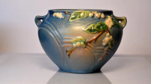Antique Roseville Pottery Snowberry BLUE Vase Planter 1J - 4 4 inch great cond