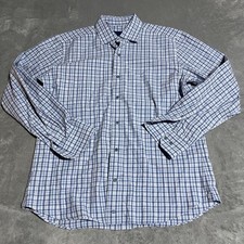 David Donahue Trim Fit Dress Shirt Mens Medium White Blue Classic Plaid Preppy