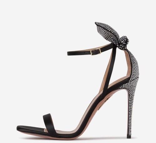 Aquazzura Bow Tie Crystal Sandal 105 Heels In Black Satin SZ 39 NIB - Picture 3 of 9