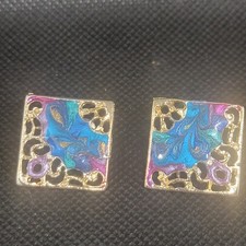 Vintage Enamel Earrings Square Blue Purple Abstract Filigree Open Work Gold Tone