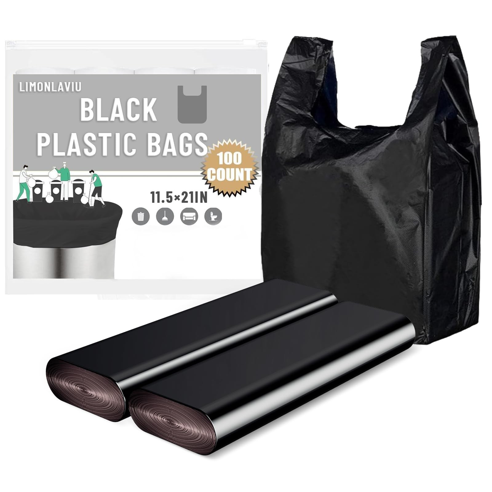 Black Plastic Grocery Bags, 100 Pack, 11.5'x 6.5" x 21', 22 Pound Capacity, H...