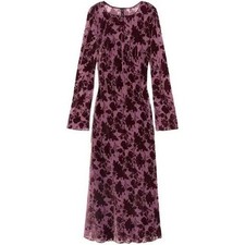 NWT Mango Velvet Burnout Floral Midi Dress Plum Burgundy Long Sleeve Sheer Mesh