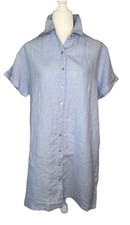 Tahari Shirt Dress Linen Blue Large Pockets Short Sleeve Button Front Classic
